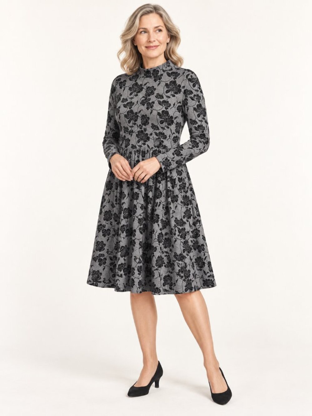 Ivanka Trump Gray Dress with Black Floral Print - Long Sleeve